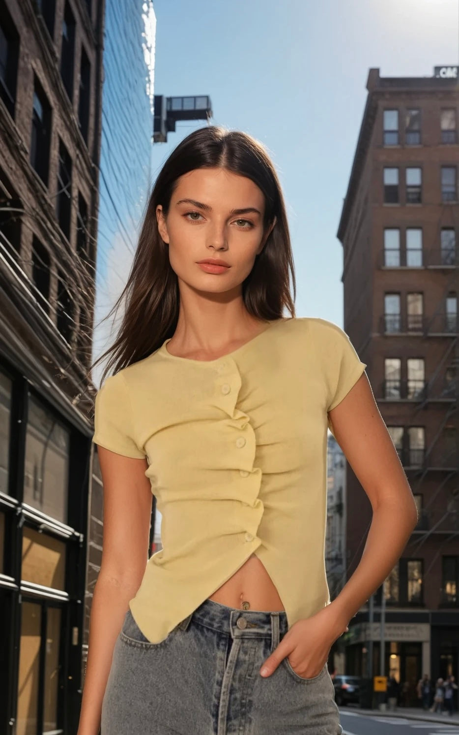 Knitted draped button down short sleeve top