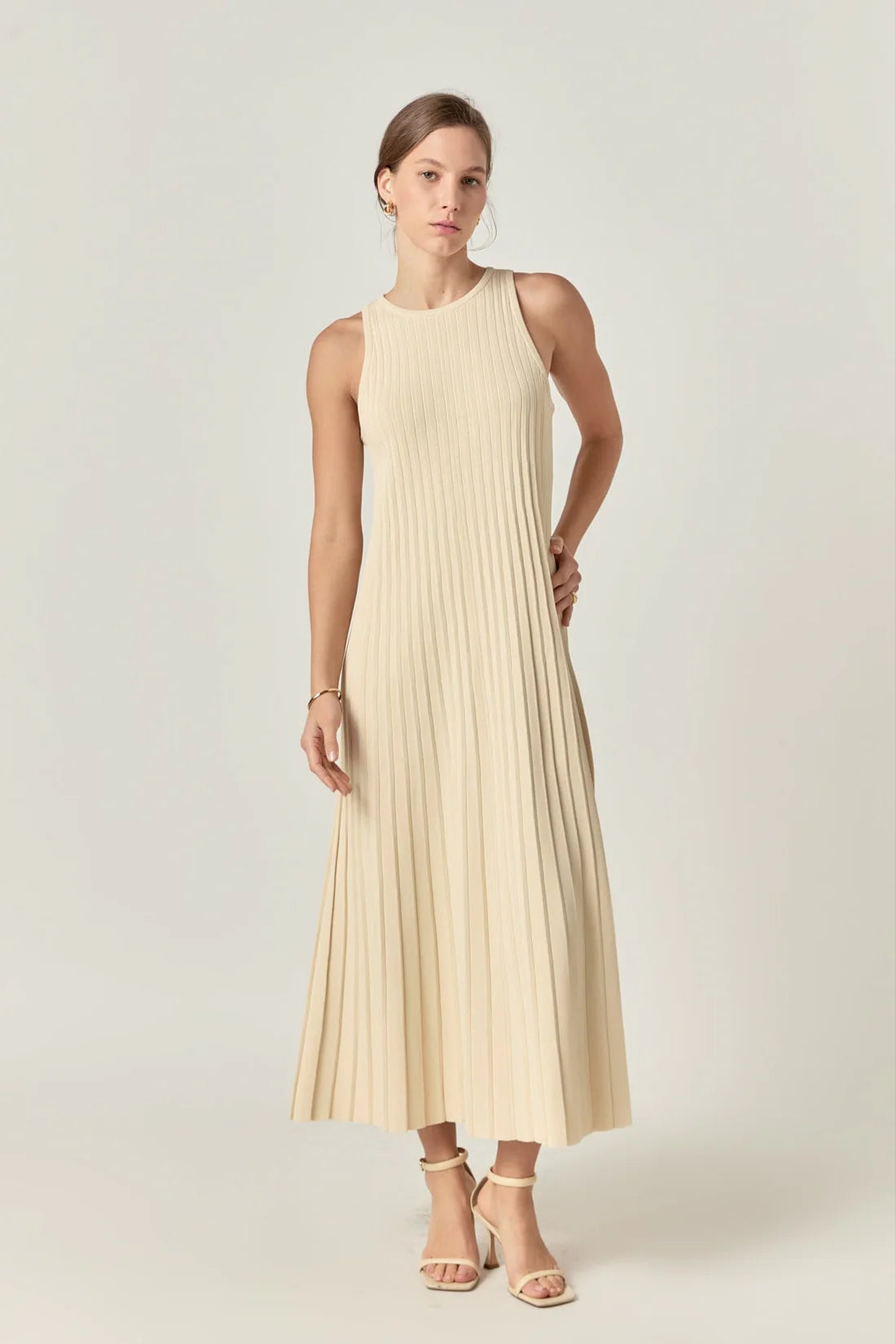 Pleated A-line knit midi dress