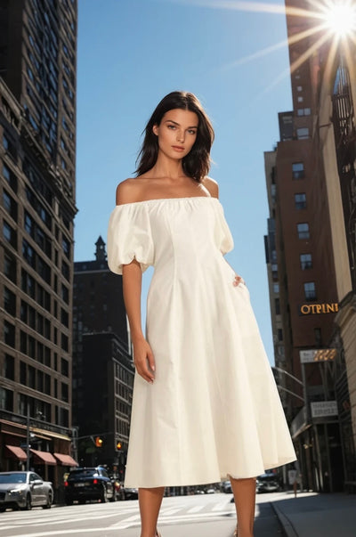 Lilly bubble sleeve fitted dress in off white