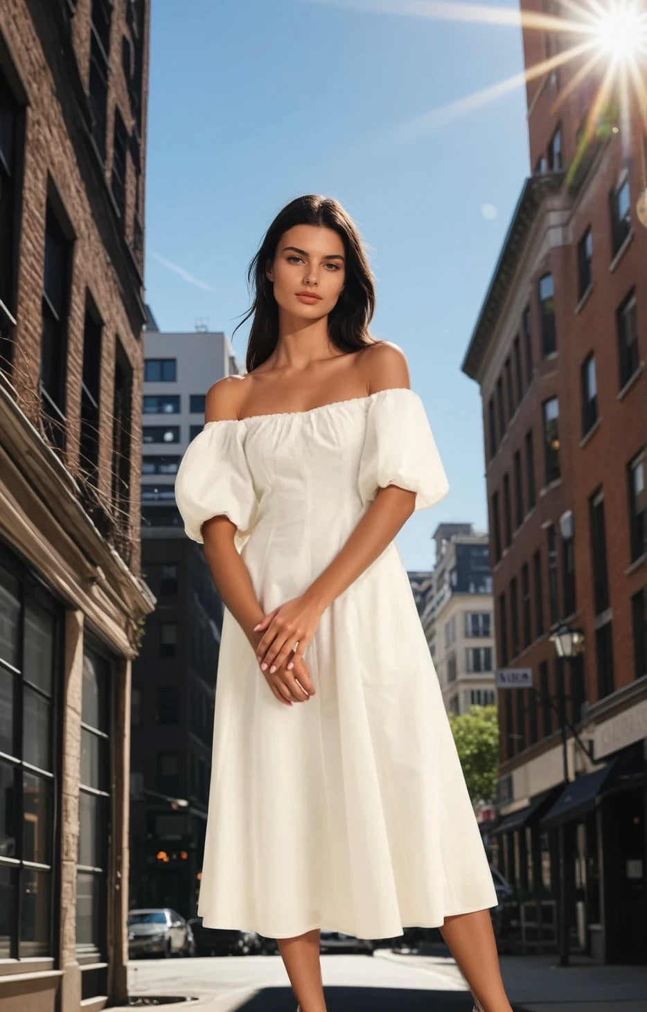 Lilly bubble sleeve fitted dress in off white