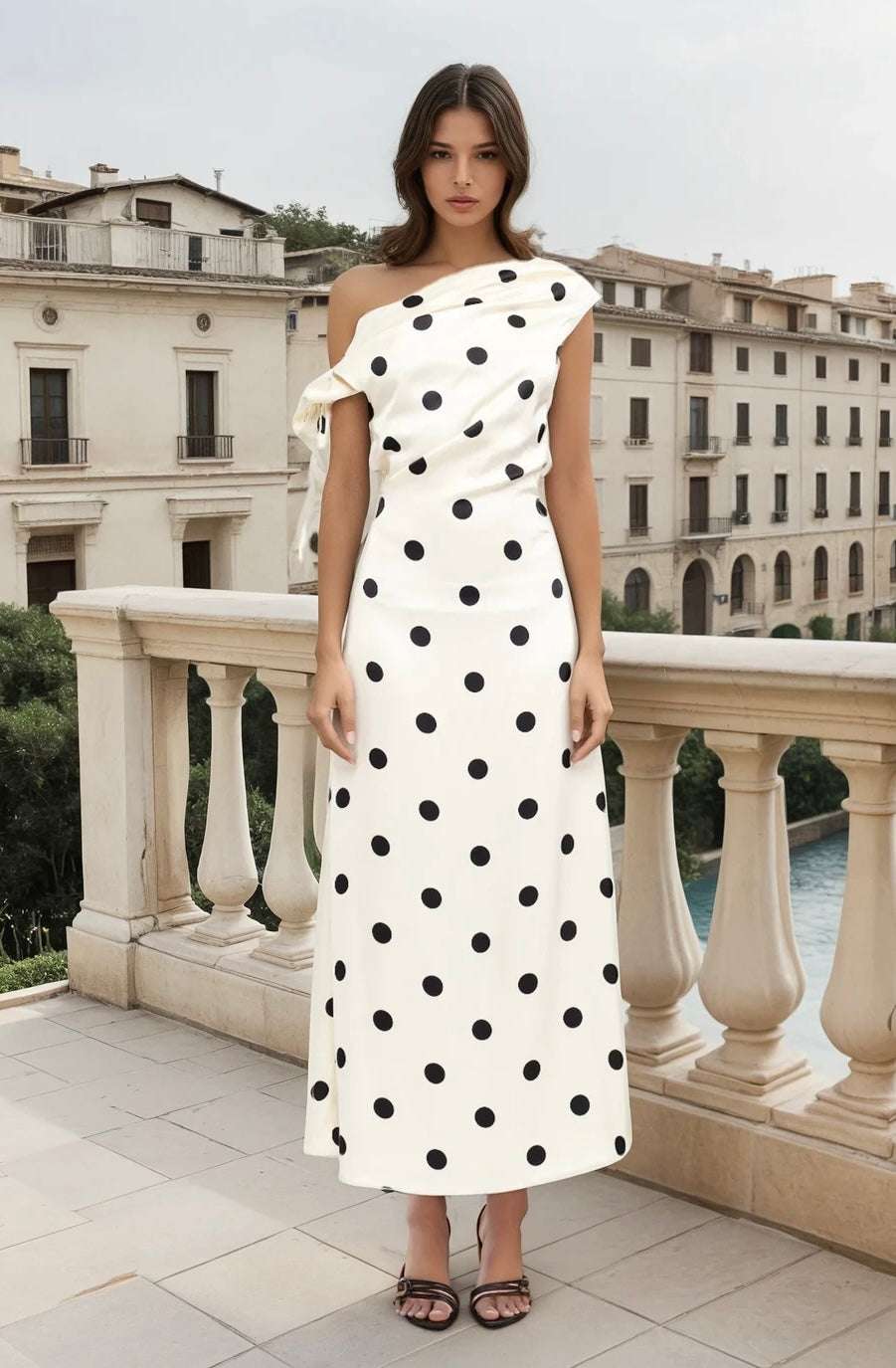One shoulder polka dot dress in cream