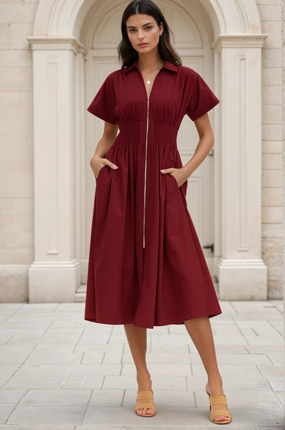 Midi zip up dress in burgundy