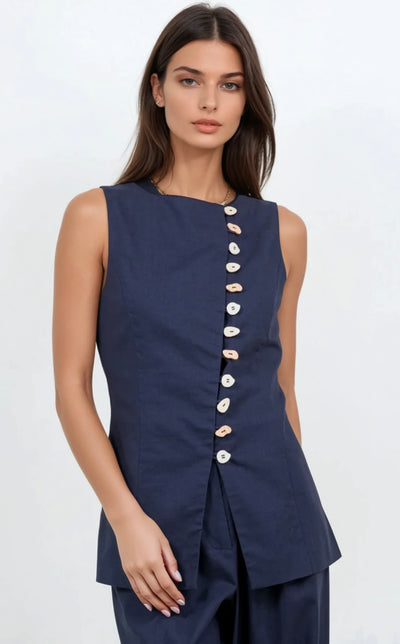 RESTOCK Multi accent button pant set in navy