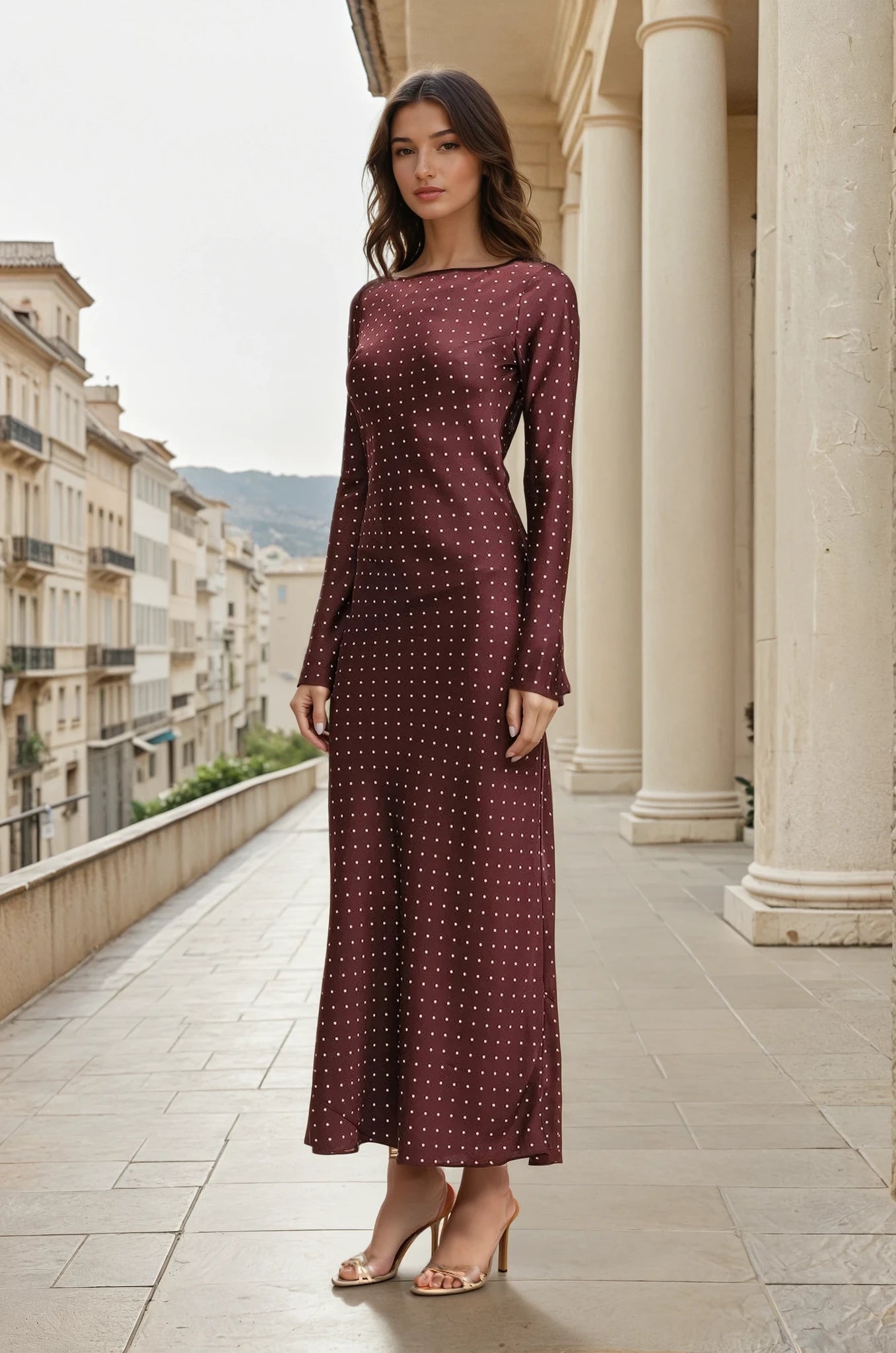 Lauren polka dot burgundy maxi dress