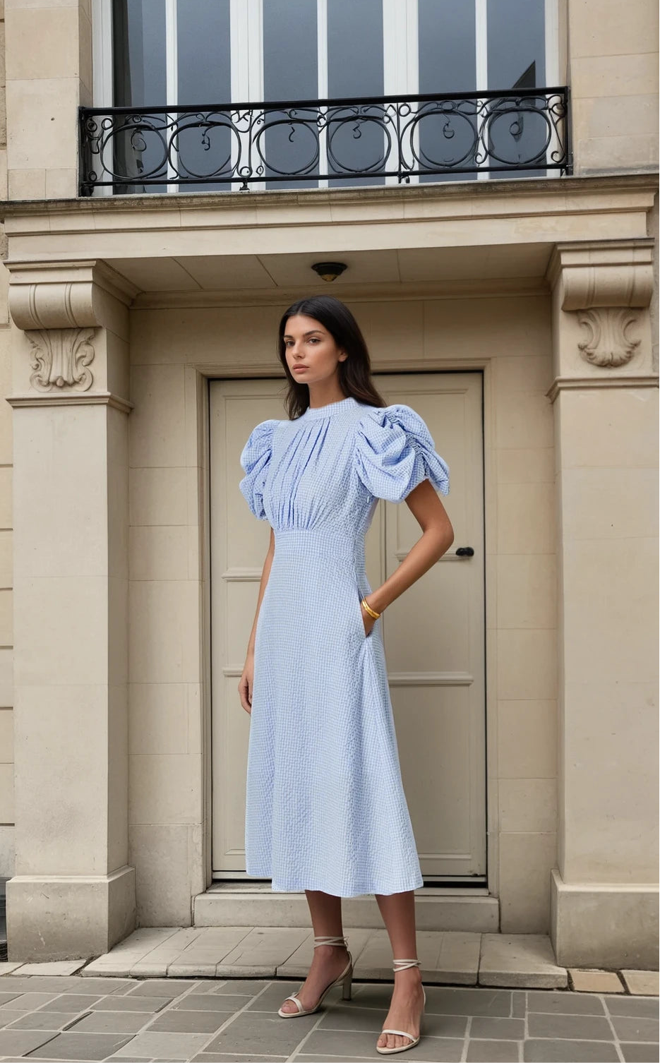 Open check midi dress