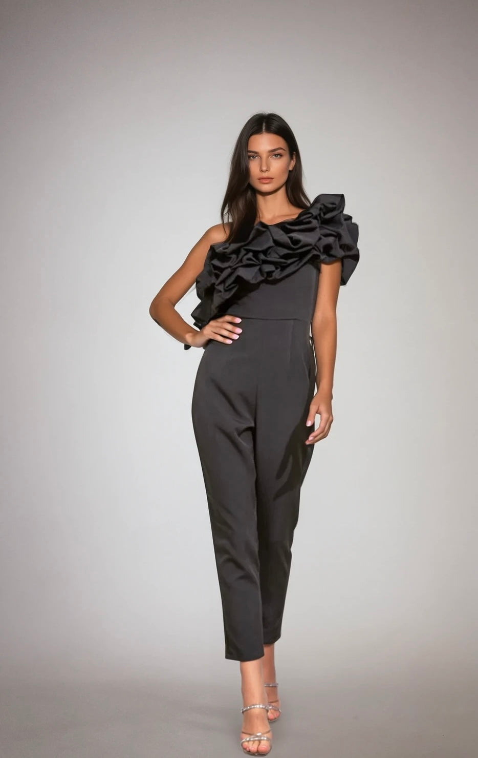 Jacques ruffle one shoulder jumpsuit