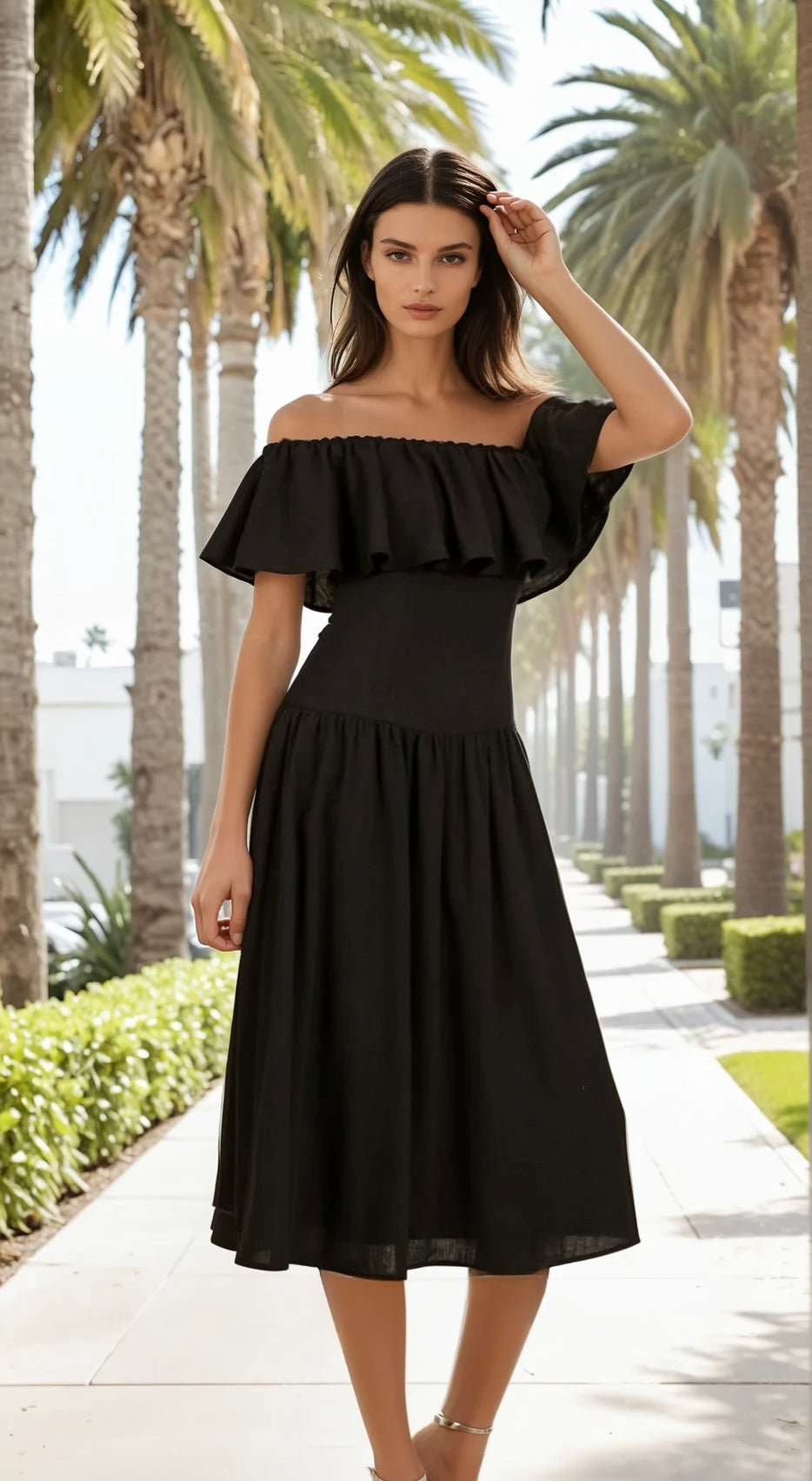 Off shoulder singe waist midi dress in black