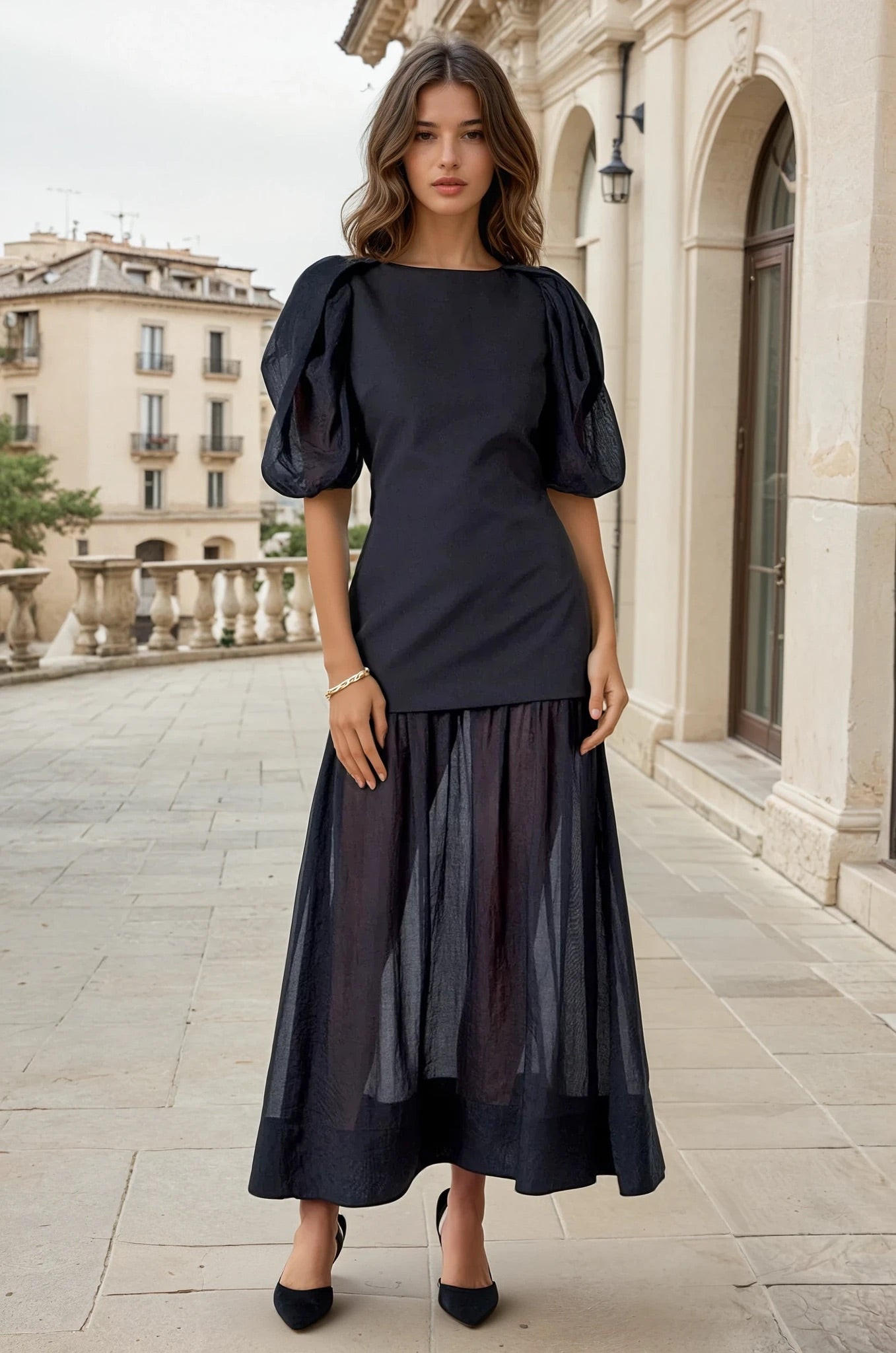 Mixed media drop waist maxi dress