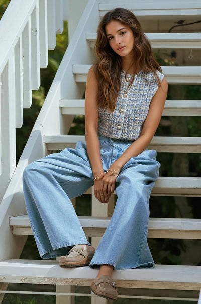 Tweed top and denim high waist pintuck wide leg jean