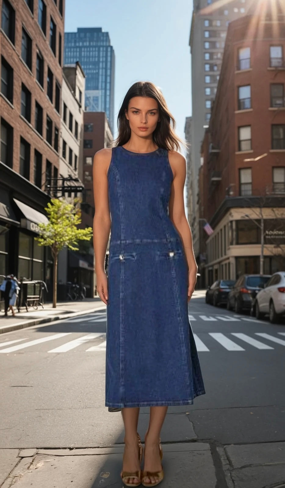 Denim drop waist midi dress
