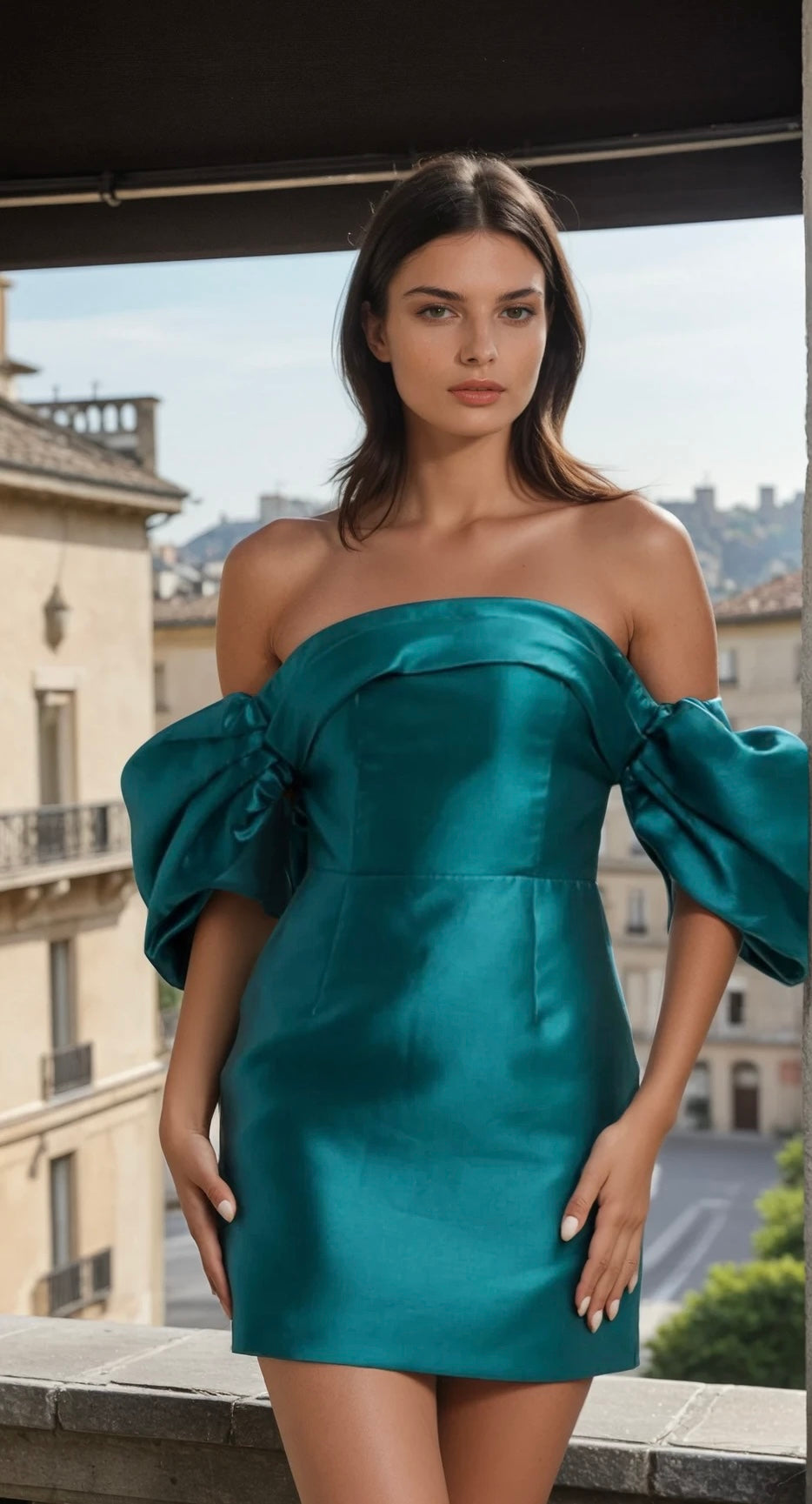 Elina off shoulder mini dress in hunter green