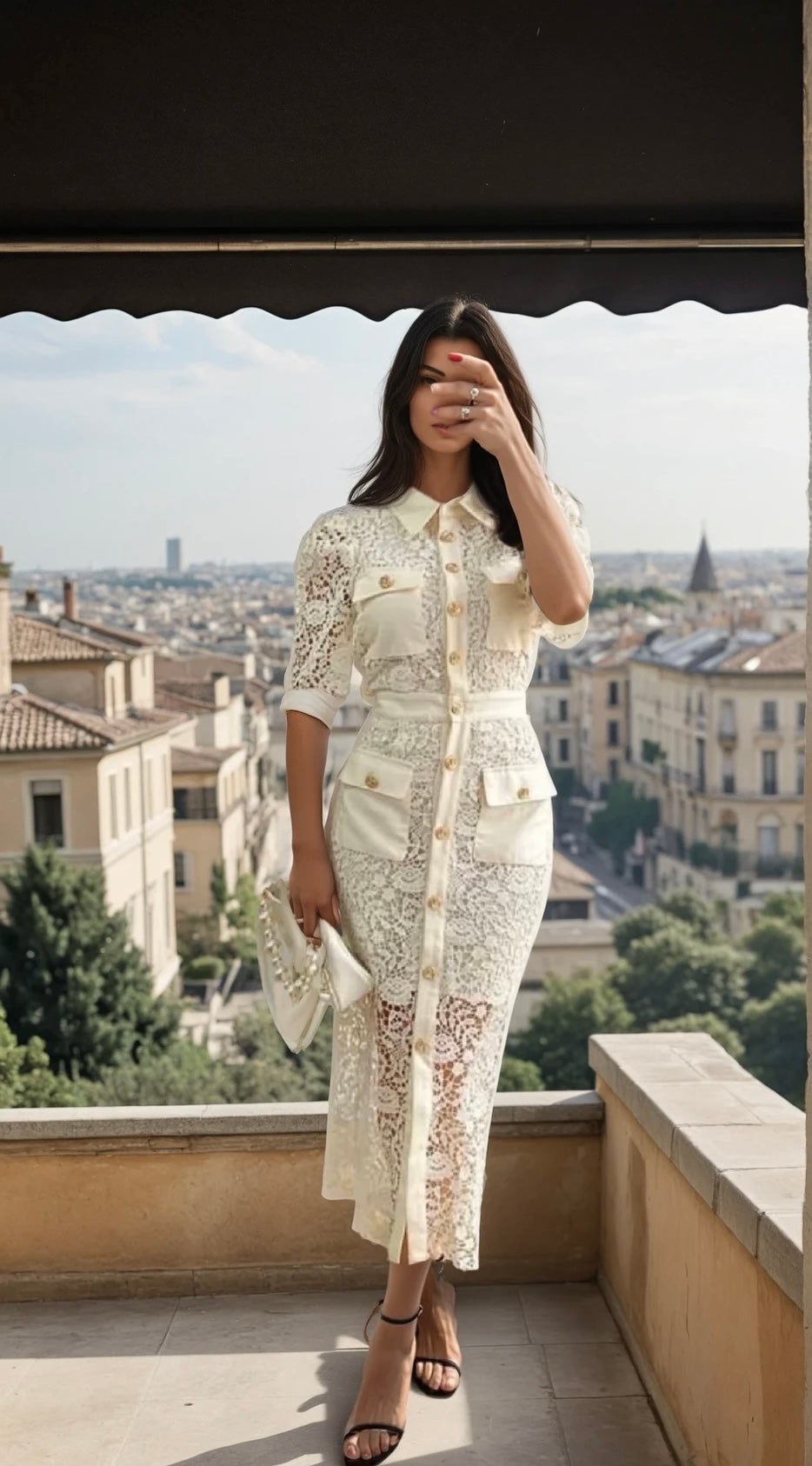Buttoned flower lace midi dress