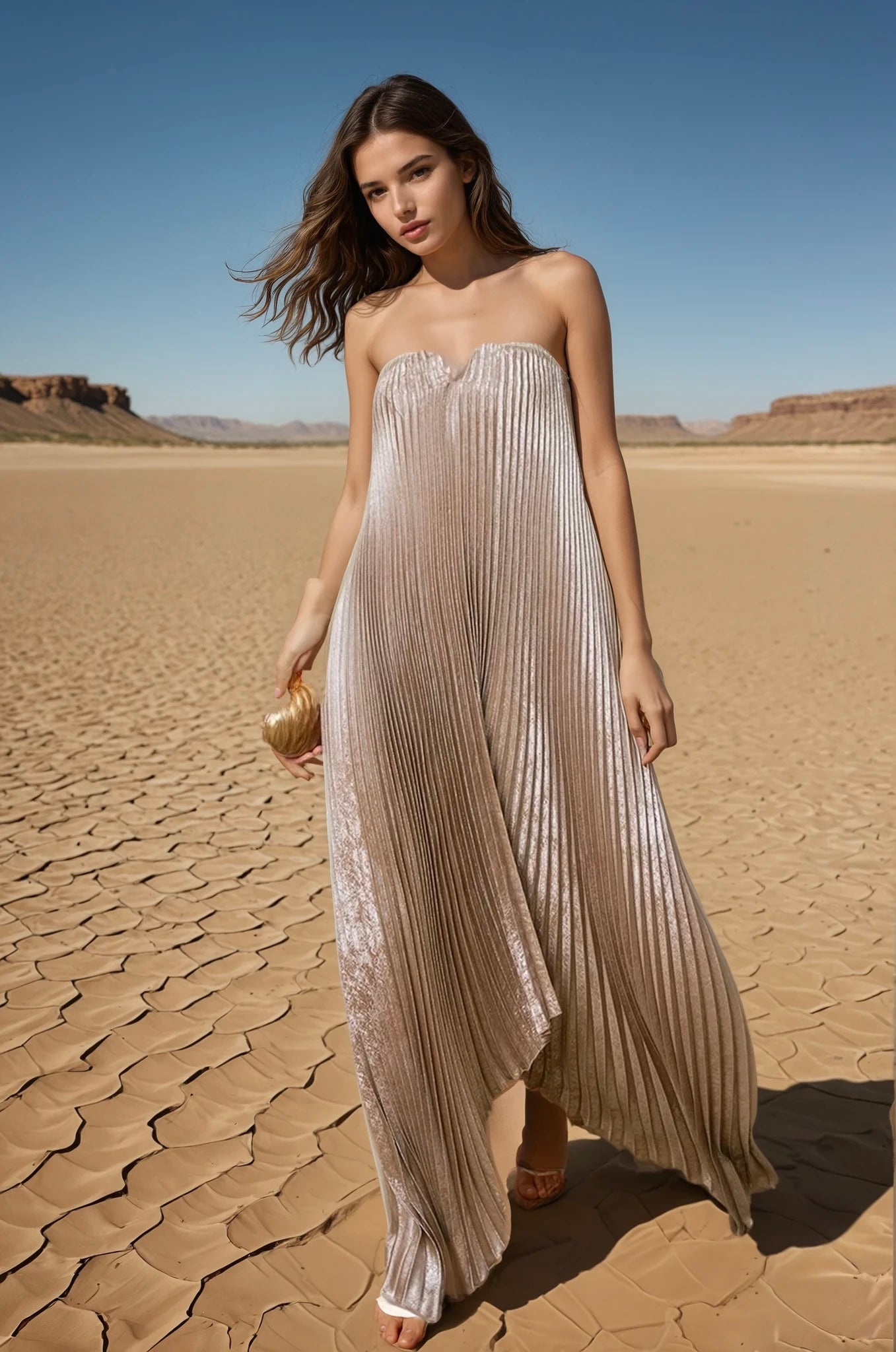 Pleated maxi dress in sand