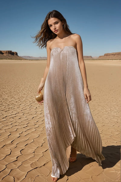 Pleated maxi dress in sand