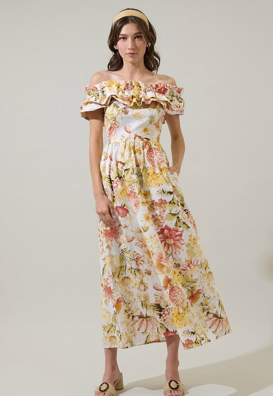 Olivia ruffled off shoulder midi dress