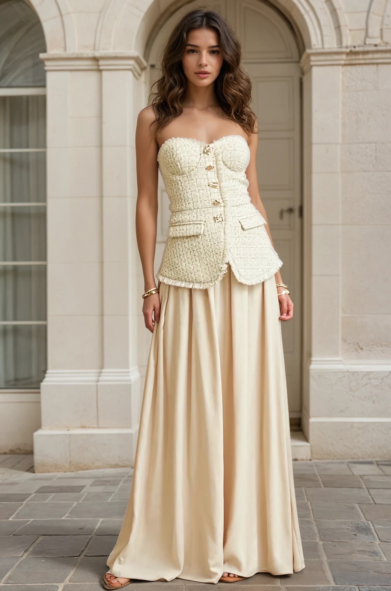 Gold button tweed gown