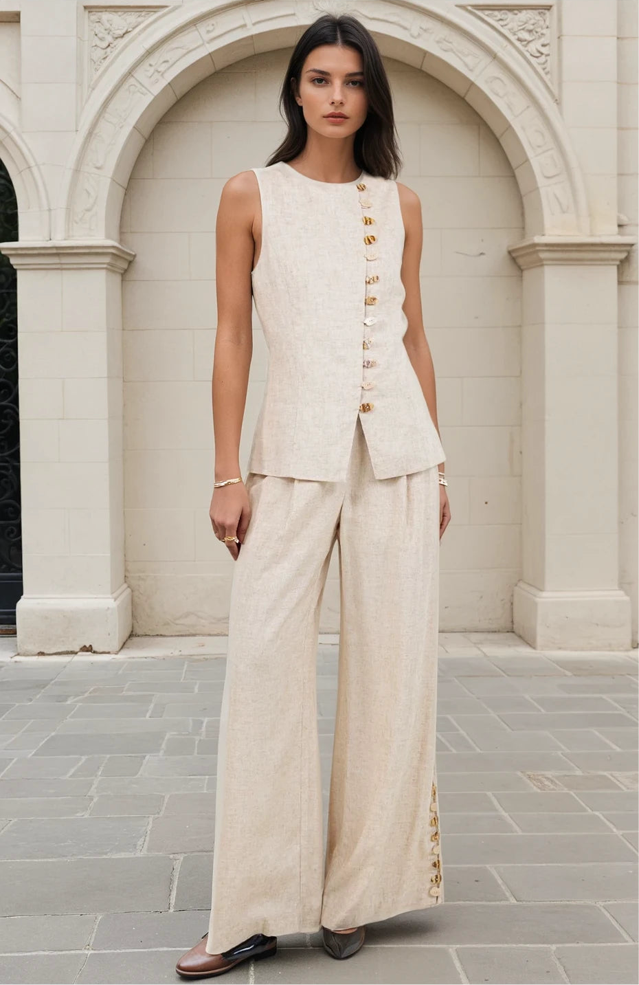 Multi accent button pant set in sand