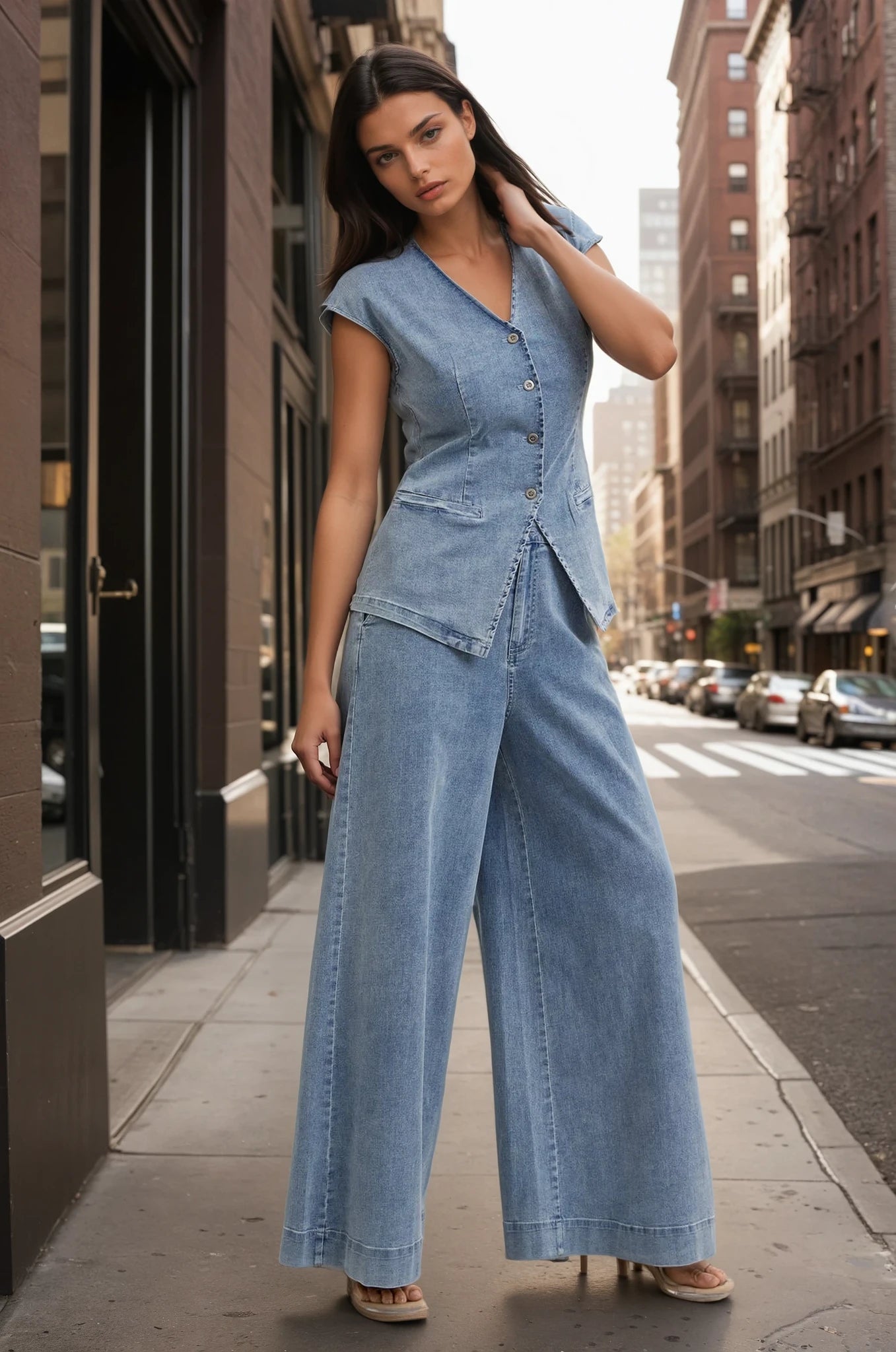 Denim ease peplum top and pant set