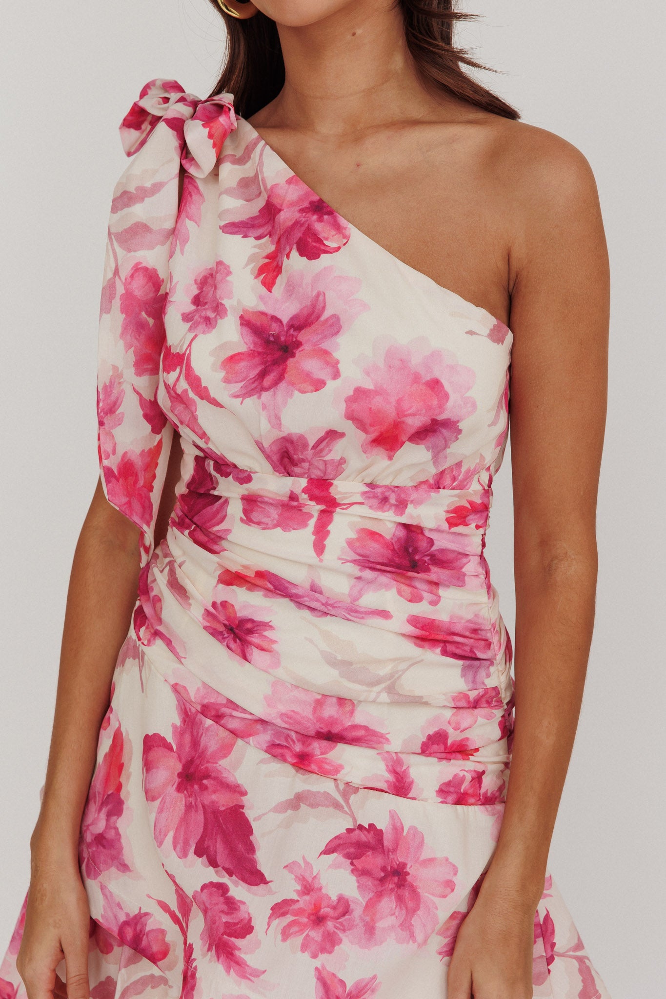 One shoulder floral tiered dress