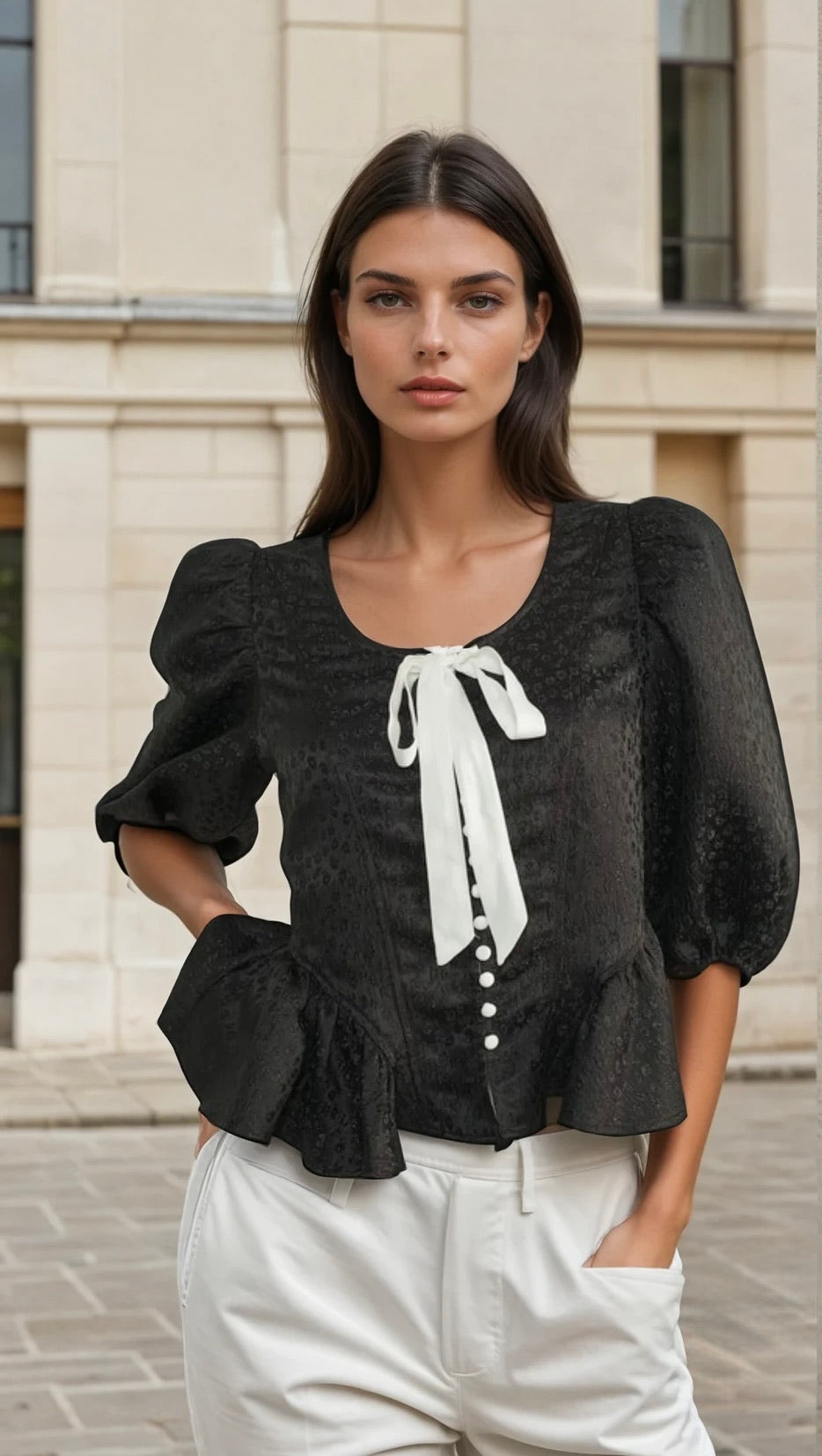 Jacquard puff sleeve top