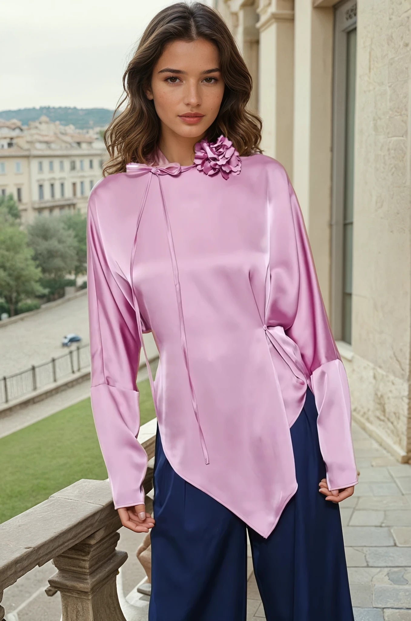 Rosé satin blouse with flower choker
