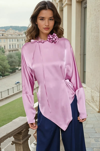 Rosé satin blouse with flower choker