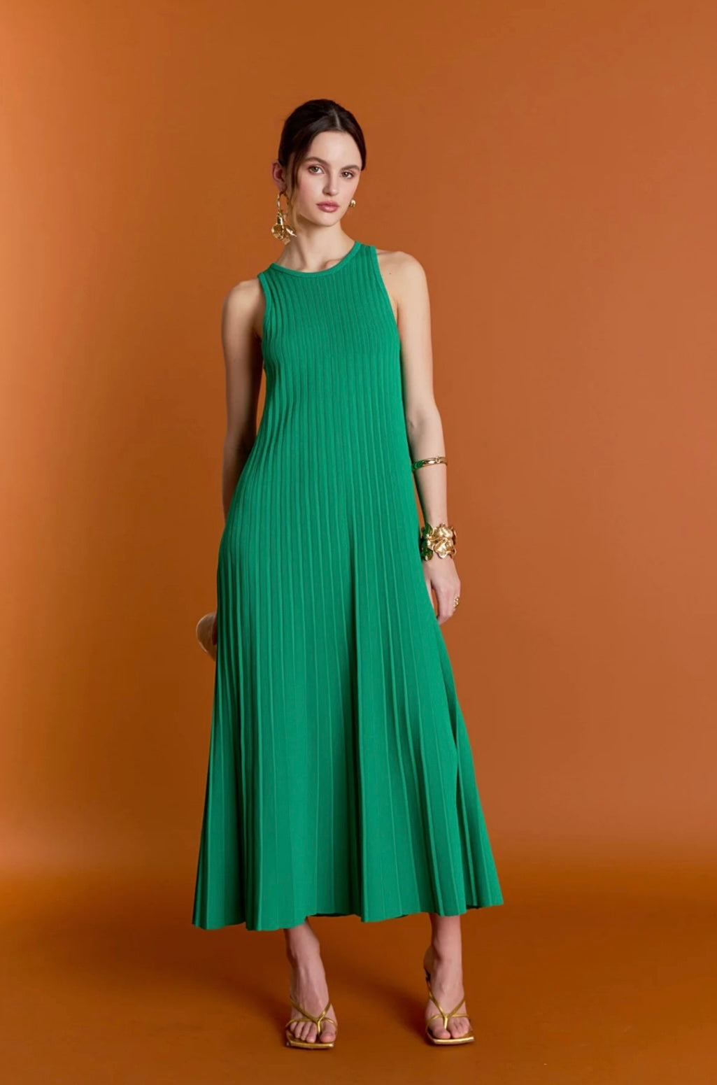 Pleated A-line knit midi dress
