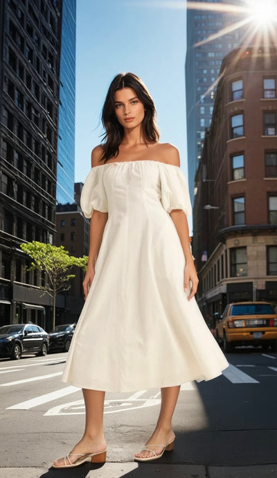 Lilly bubble sleeve fitted dress in off white