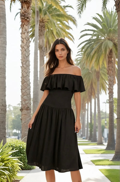 Off shoulder singe waist midi dress in black