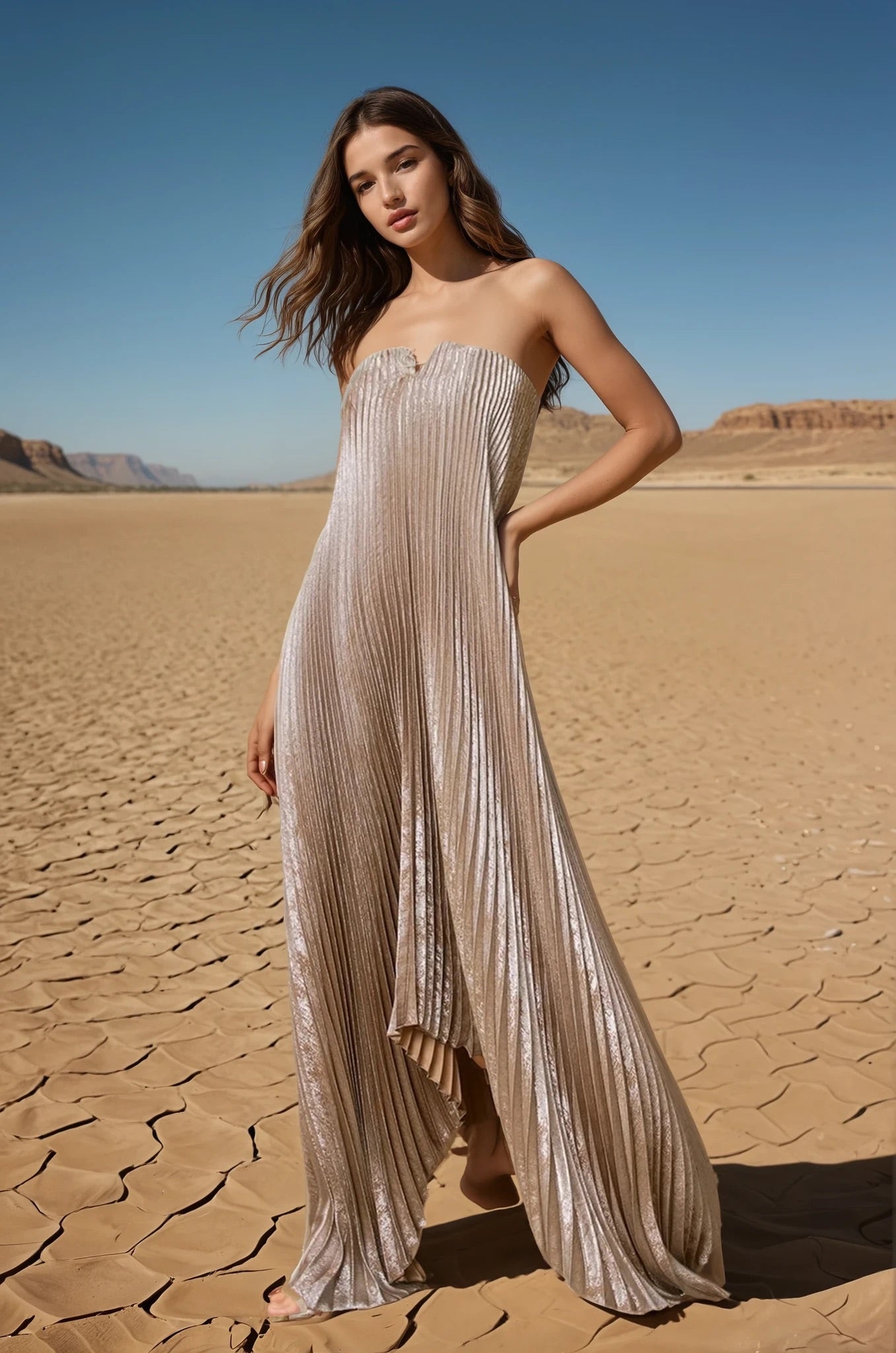 Pleated maxi dress in sand