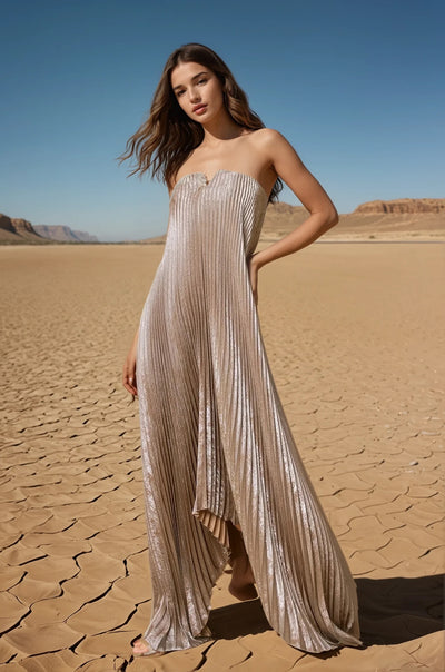Pleated maxi dress in sand
