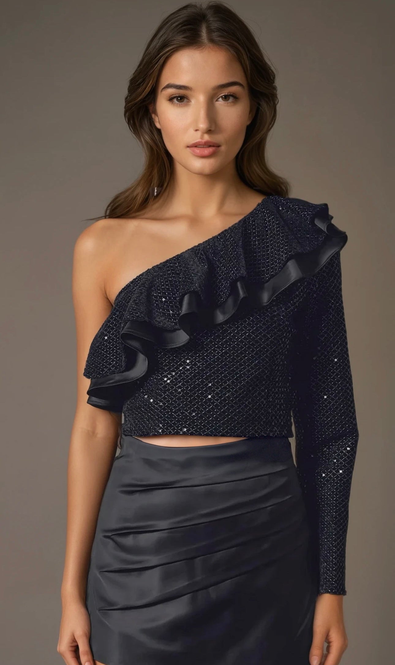 One shoulder ruffle sequin top