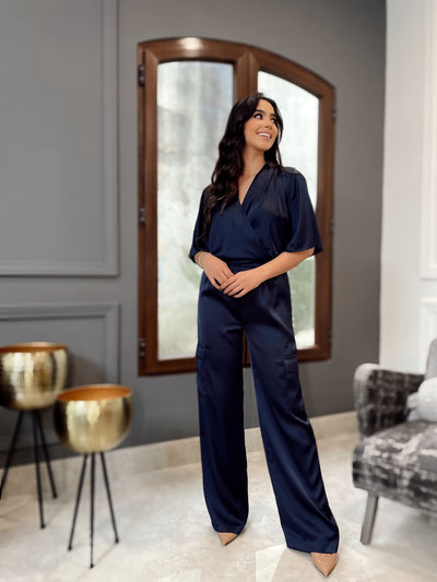 Navy satin cargo pant set