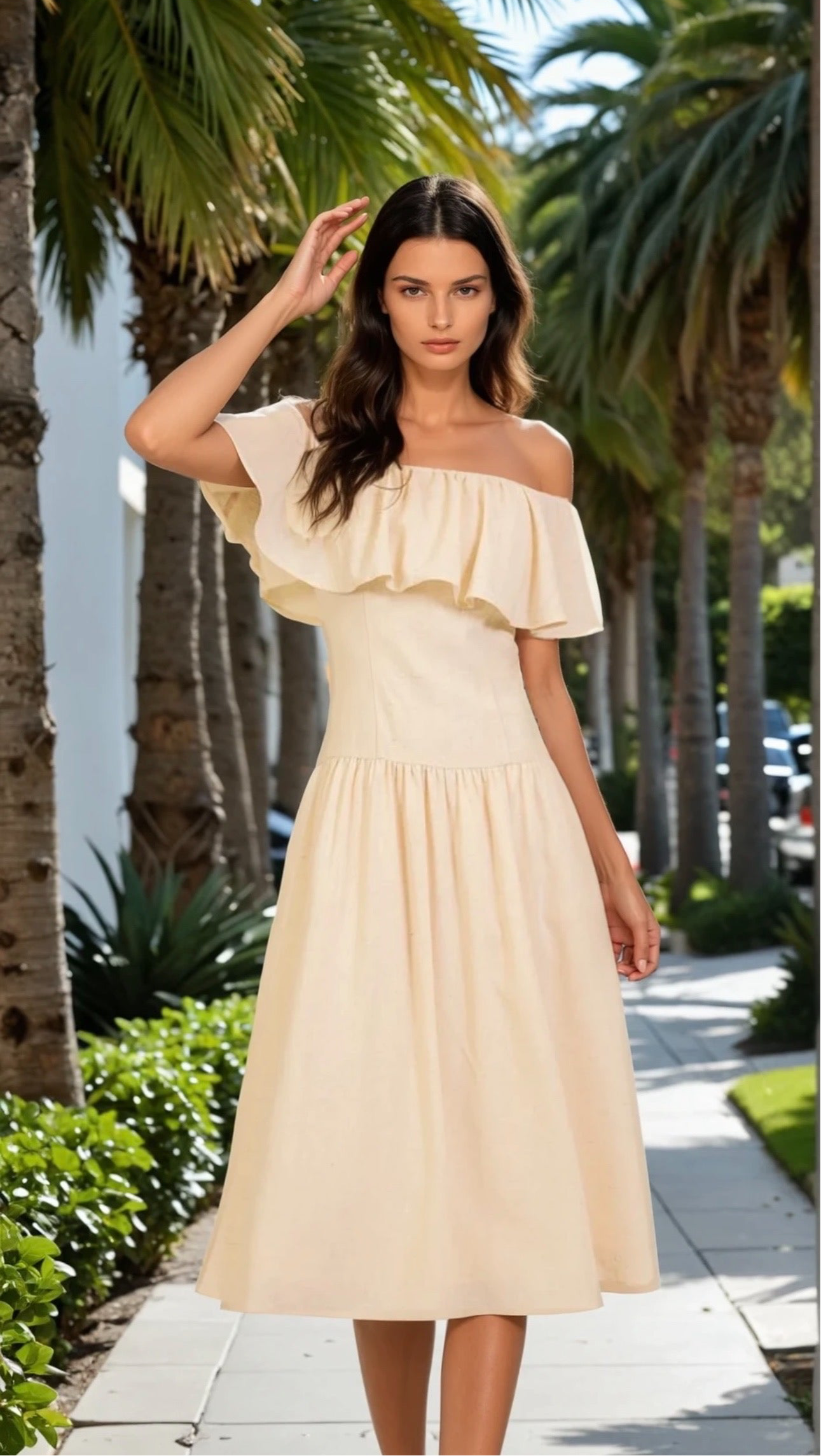 Off shoulder singe waist midi dress in cream
