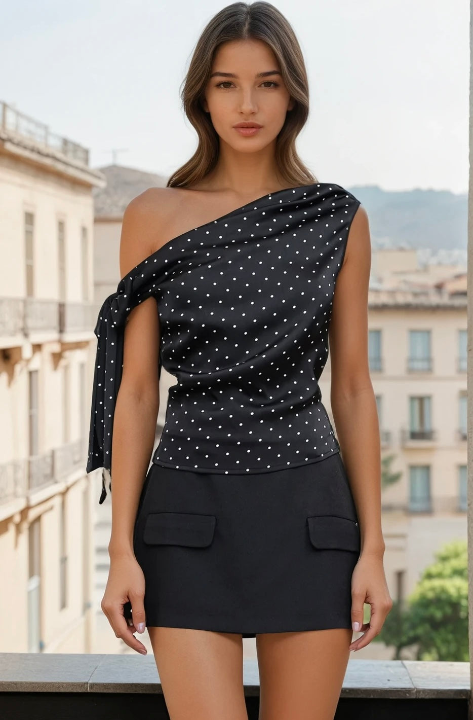 One shoulder polka dot satin blouse