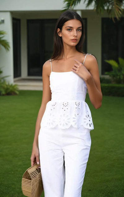 Flower eyelet flare hem top