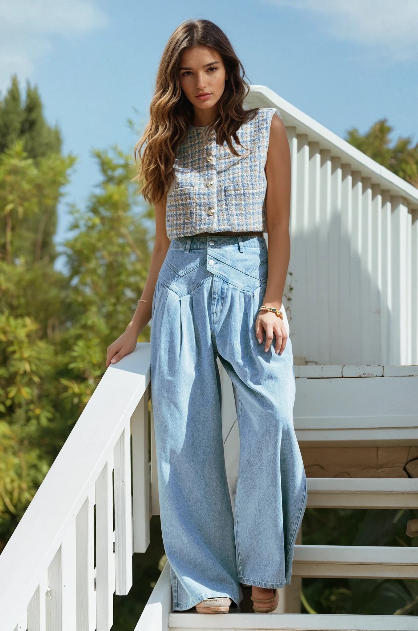 Tweed top and denim high waist pintuck wide leg jean