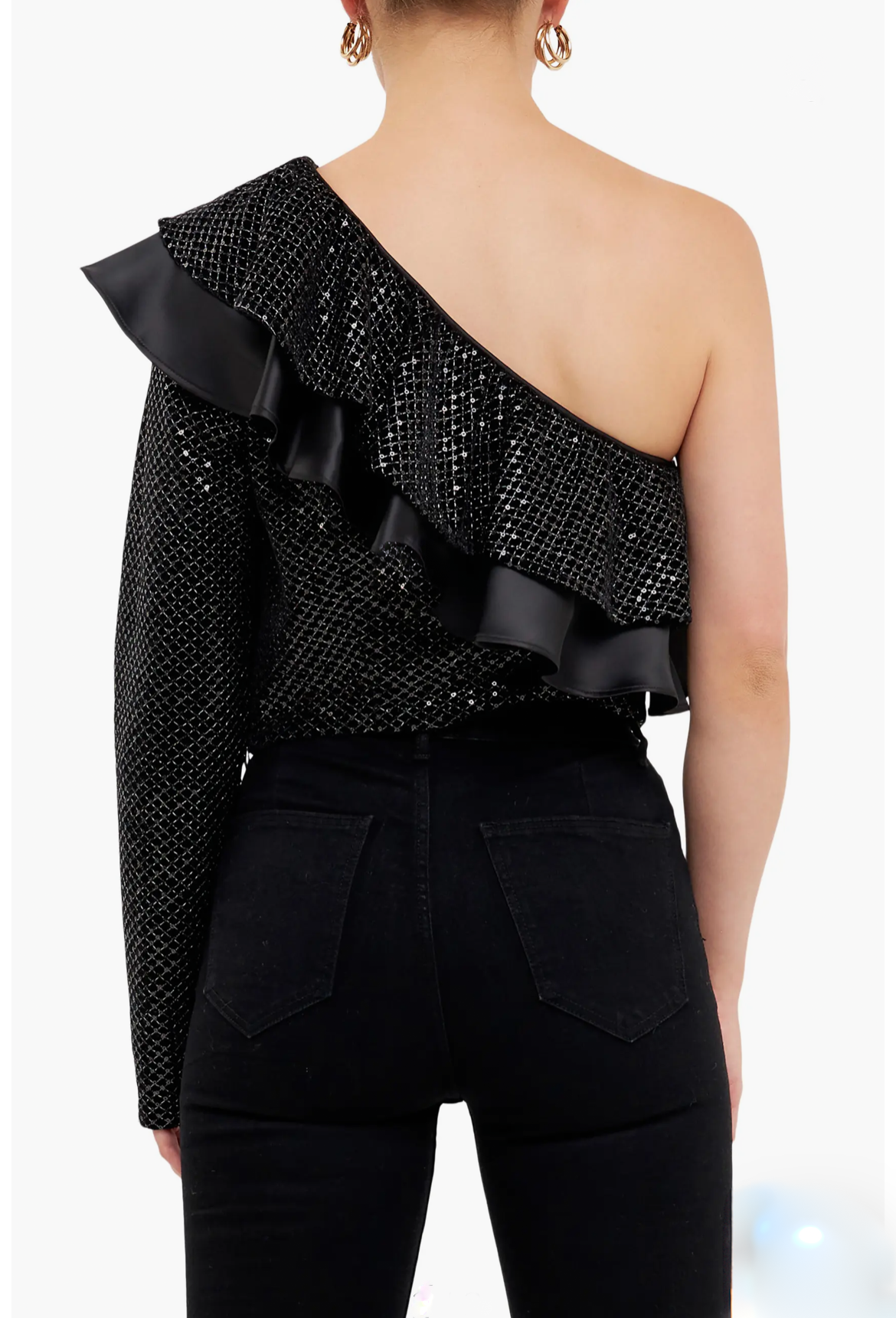 One shoulder ruffle sequin top