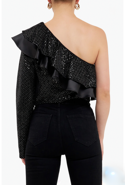 One shoulder ruffle sequin top