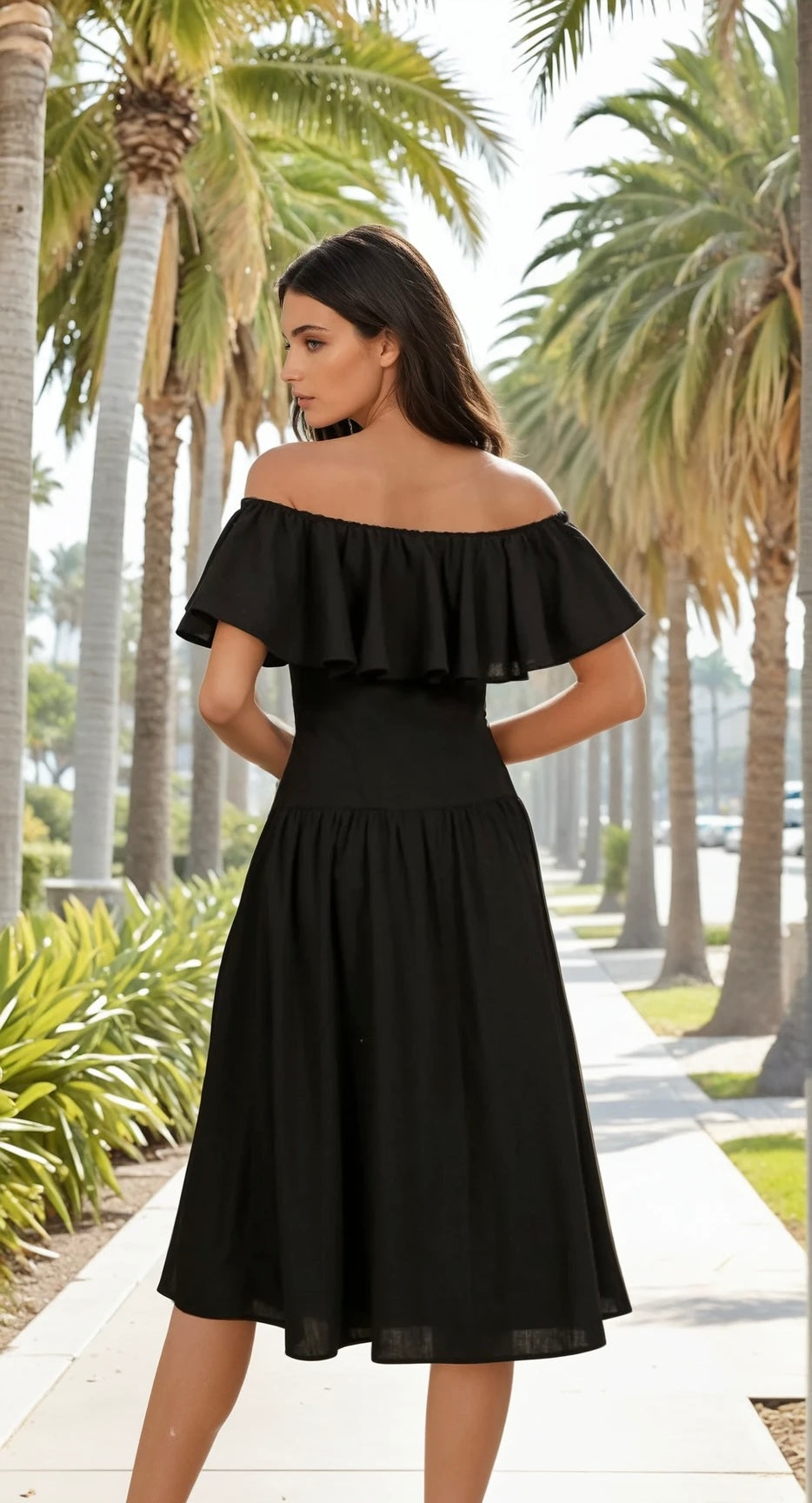 Off shoulder singe waist midi dress in black