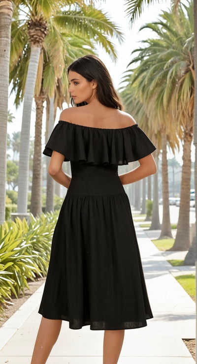 Off shoulder singe waist midi dress in black