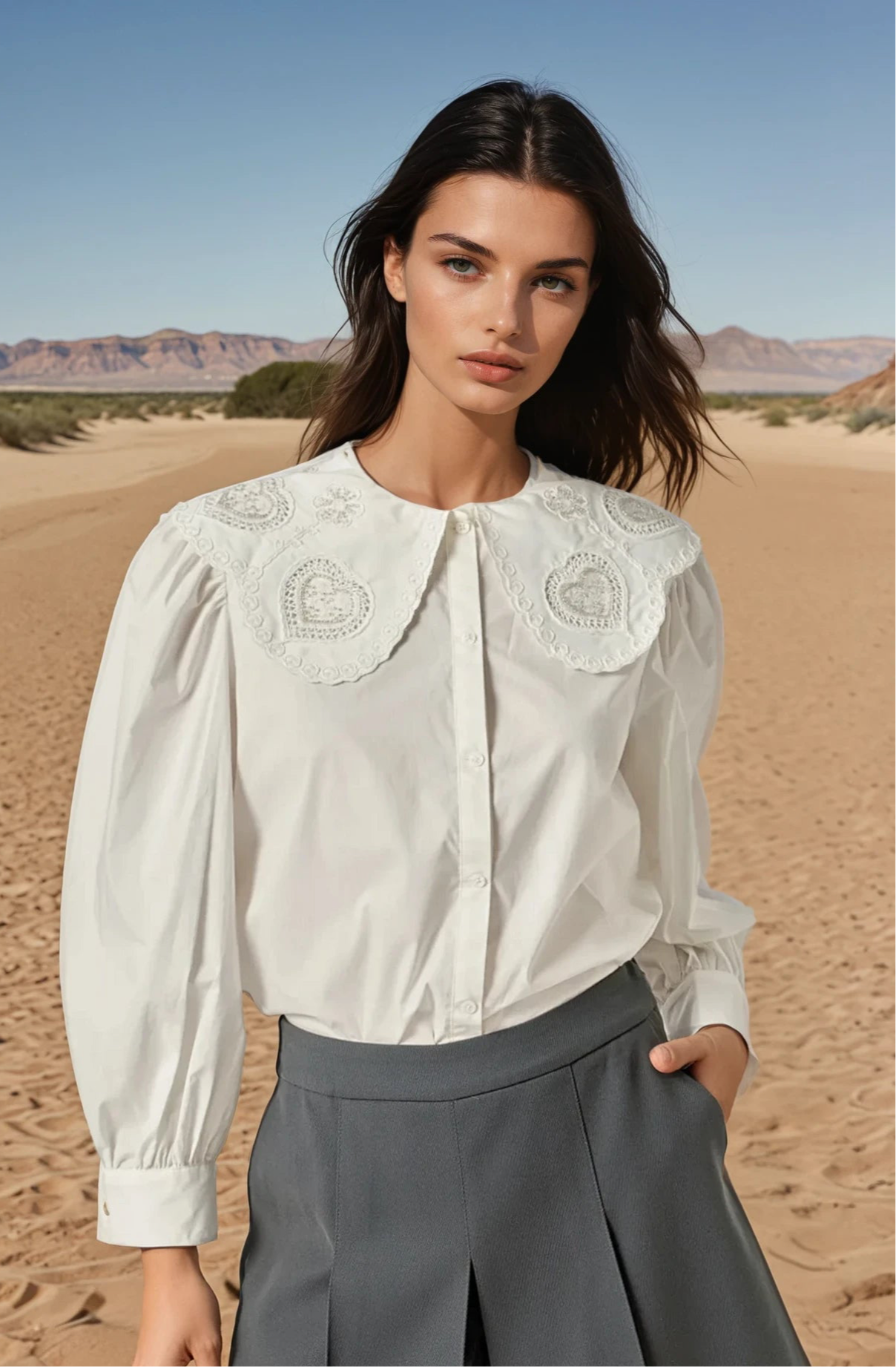 Scallop embroidered collar blouse