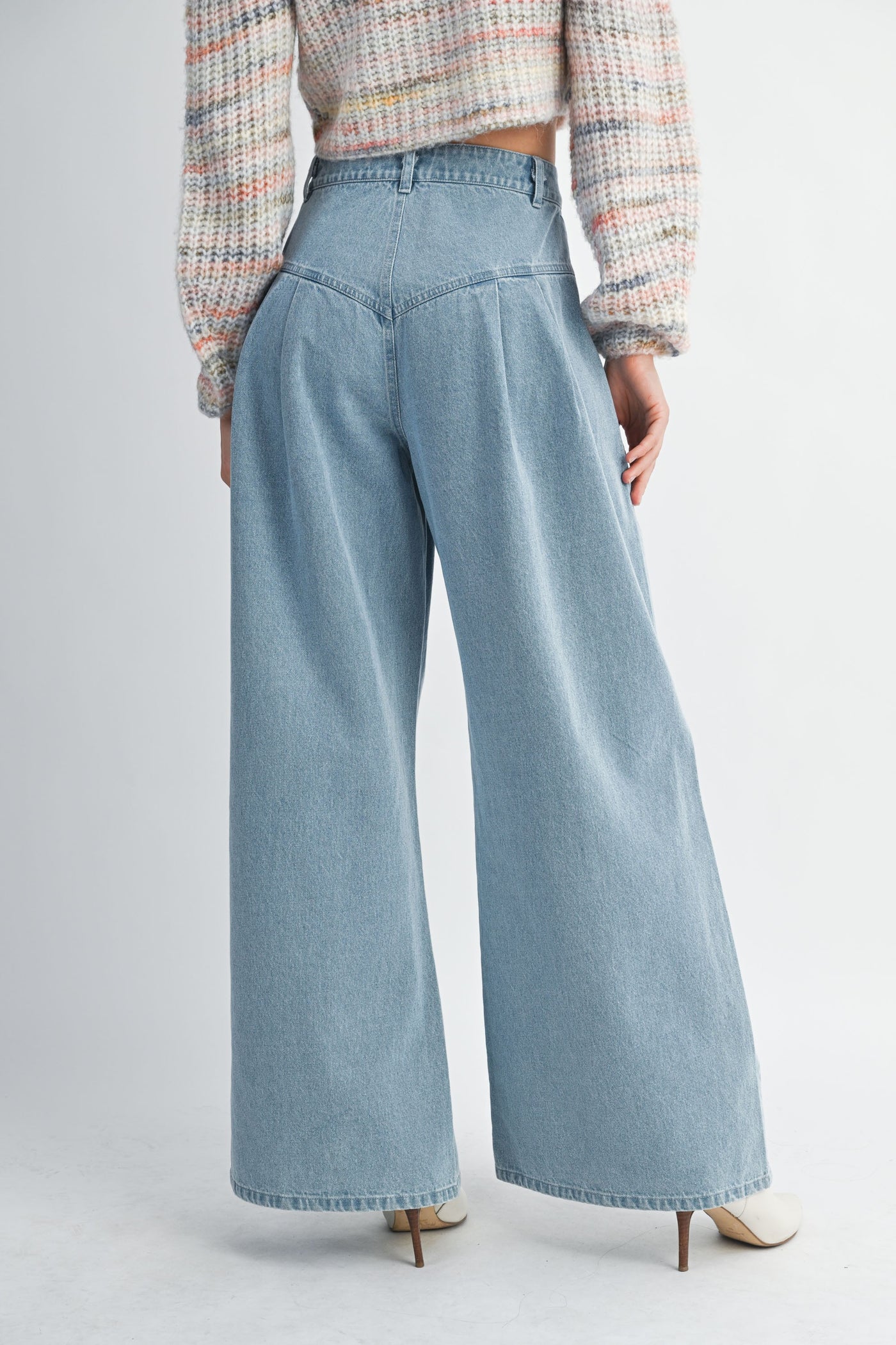 Tweed top and denim high waist pintuck wide leg jean