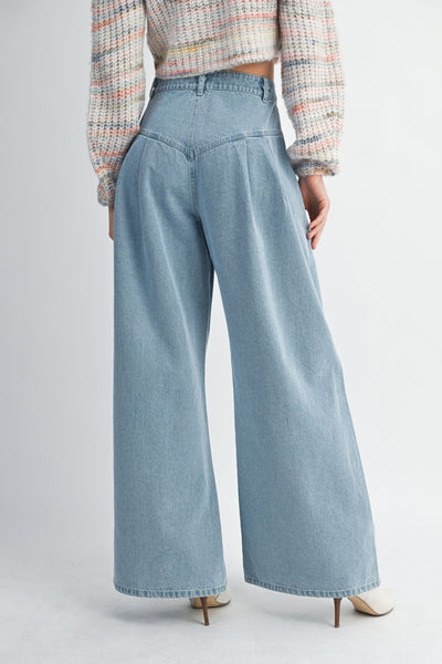 Tweed top and denim high waist pintuck wide leg jean