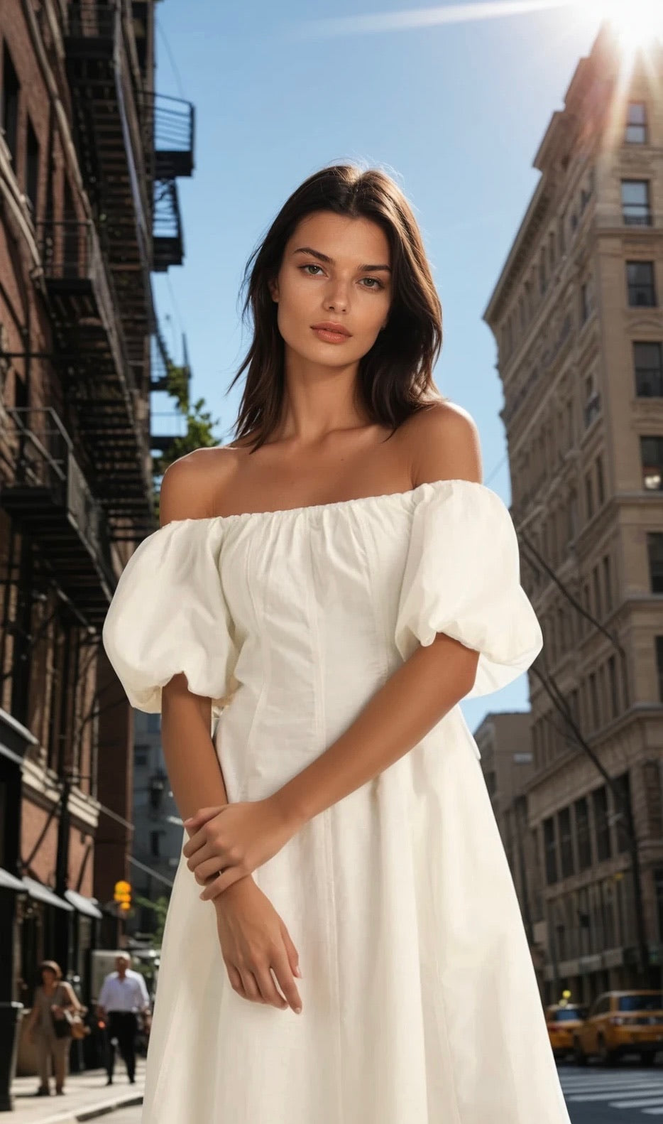 Lilly bubble sleeve fitted dress in off white