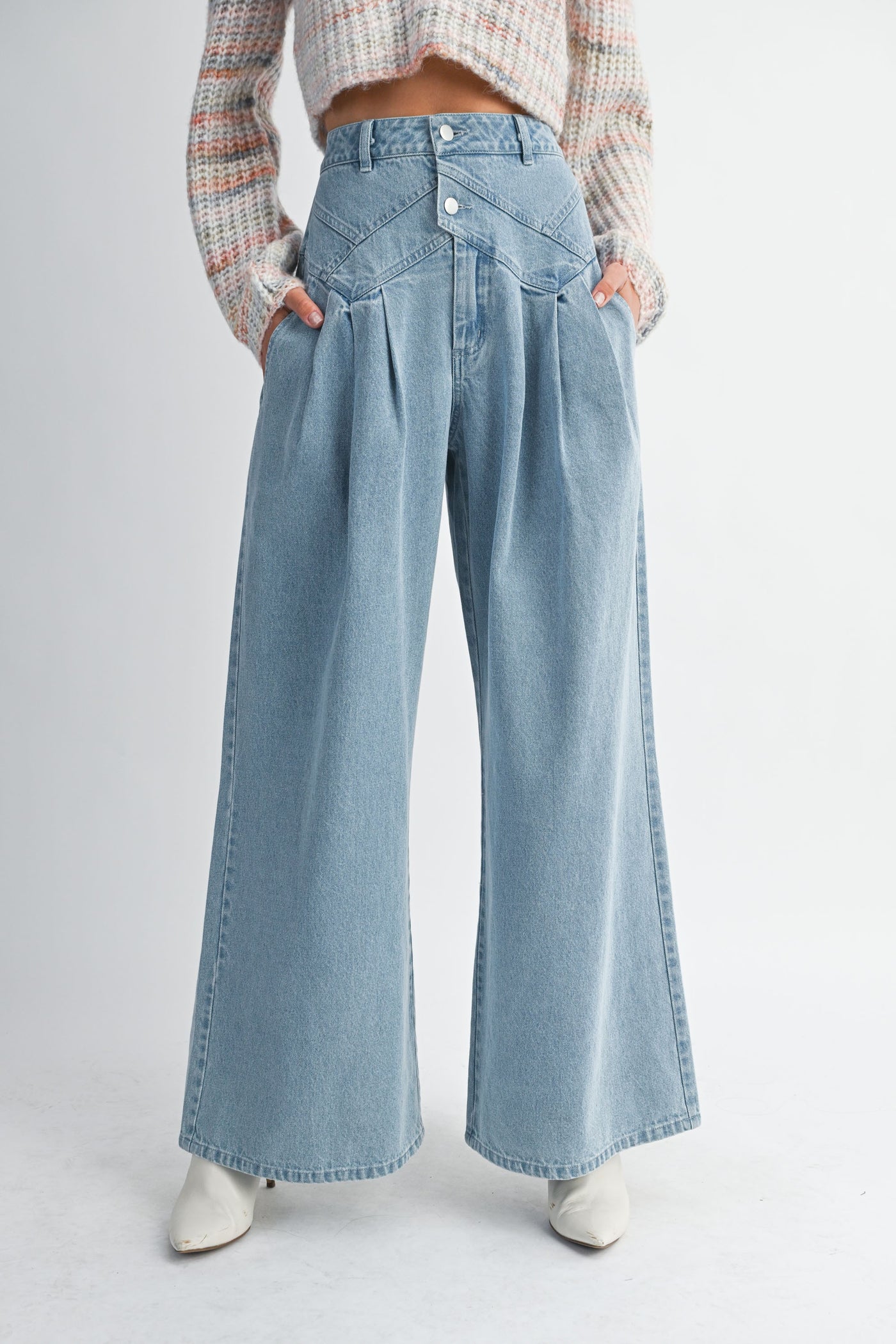 Tweed top and denim high waist pintuck wide leg jean