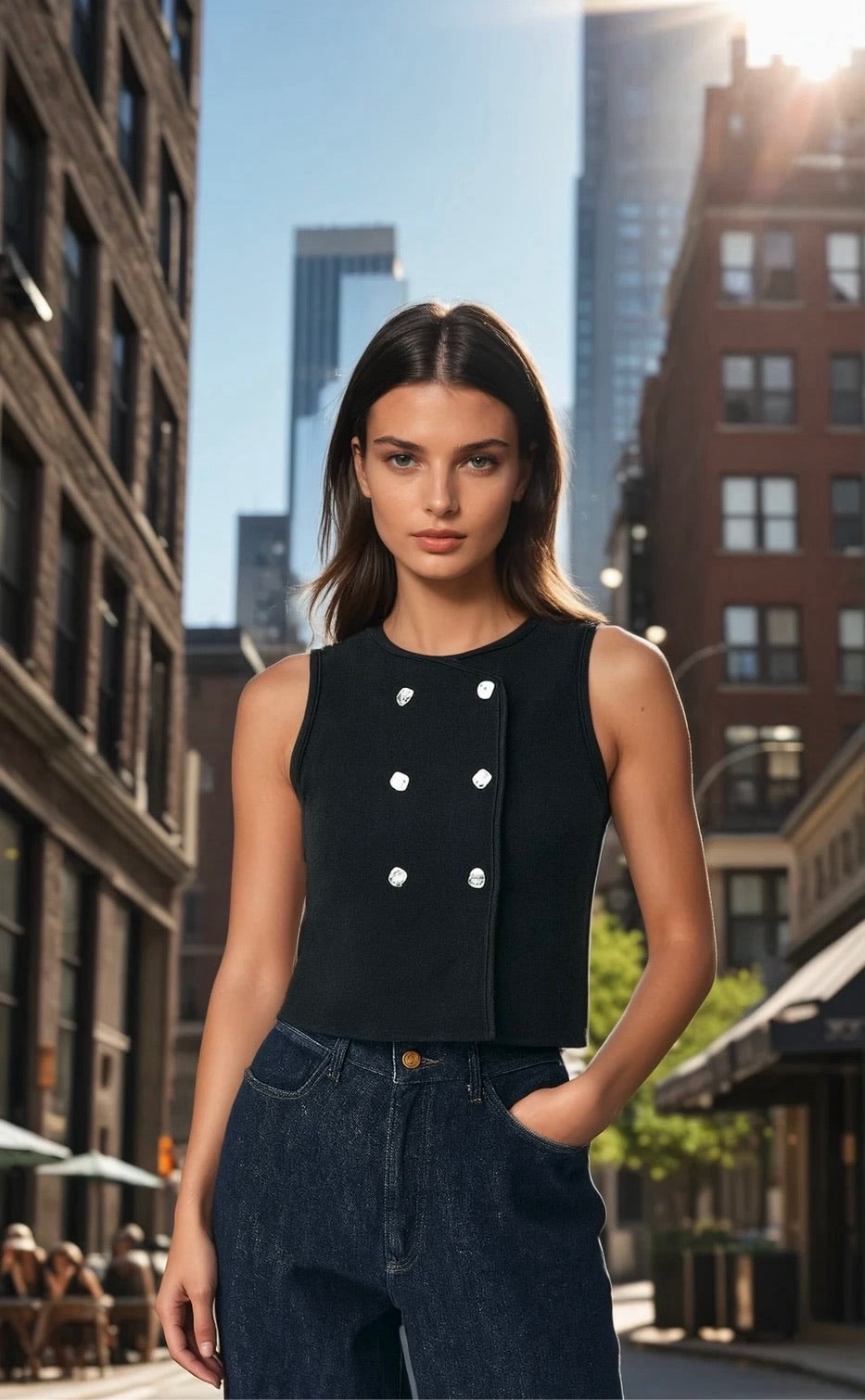 Knit vest with silver buttons in black