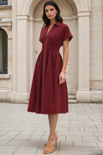 Midi zip up dress in burgundy
