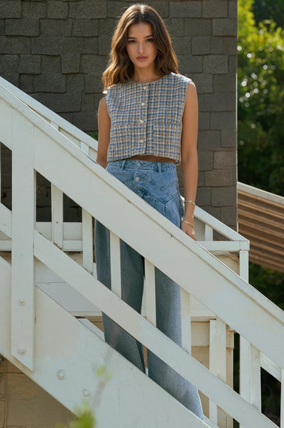 Tweed top and denim high waist pintuck wide leg jean