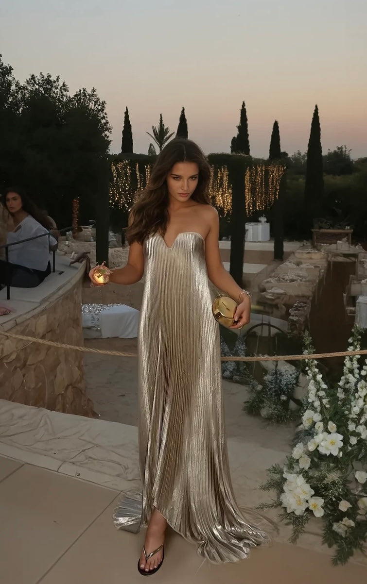 Pleated maxi dress in sand